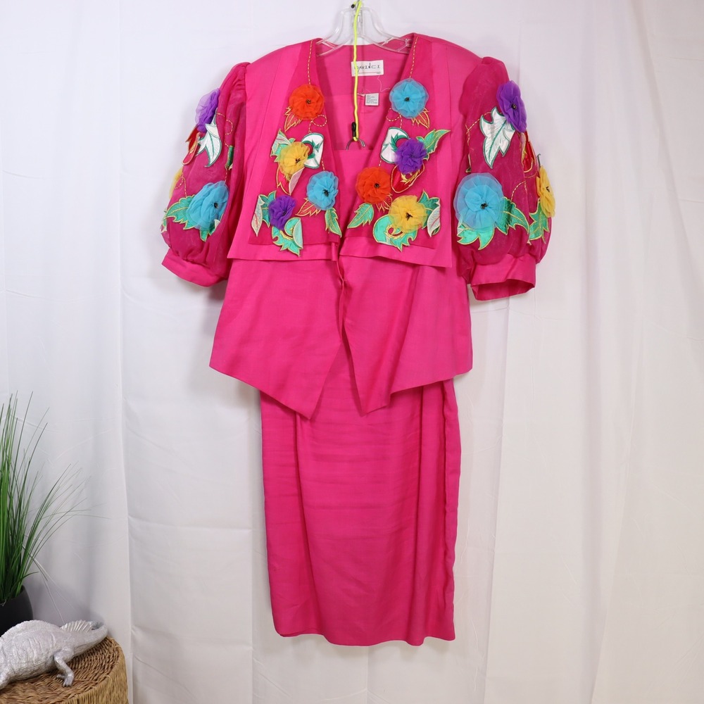 Davinci Linen Skirt Suit Set Pink Womens Floral‎ Applique Vintage